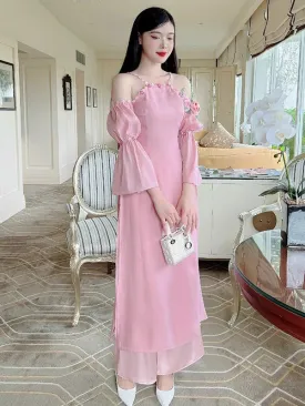 Ao Dai Vietnam Pink Off Shoulder 3D Roses Include Ao Dai Top And Pants