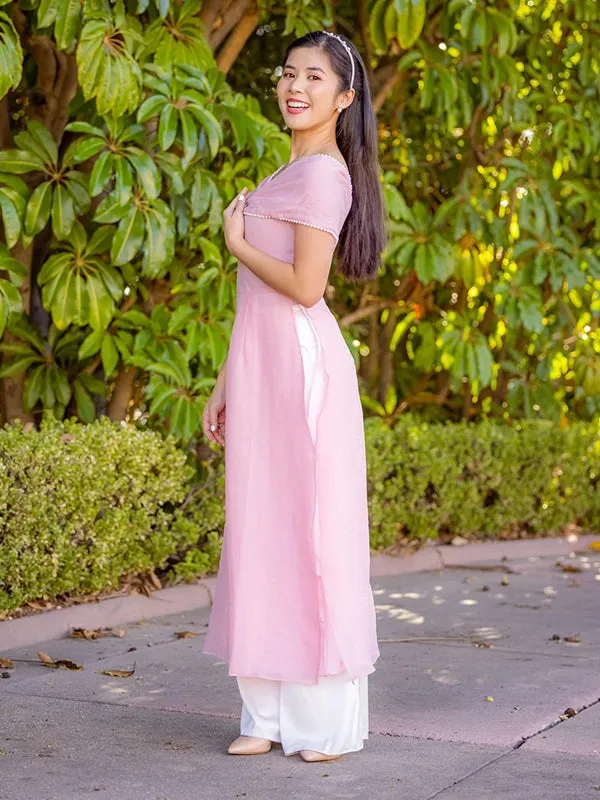 Ao Dai Vietnam Pink Off Shoulder Pearl Ao Dai Top And Pants