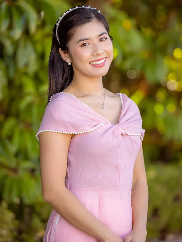 Ao Dai Vietnam Pink Off Shoulder Pearl Ao Dai Top And Pants