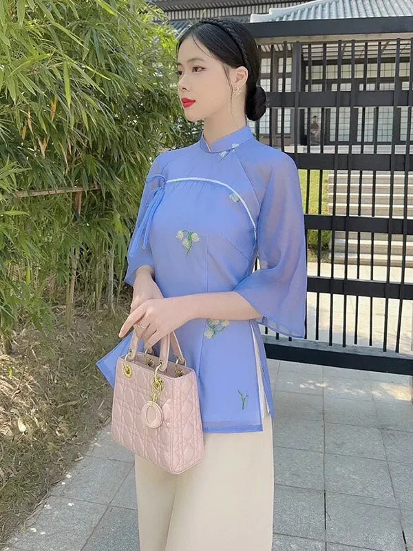 Ao Dai Vietnam Purple Bow Modern Temple Includes One Ao Dai Top And Pants