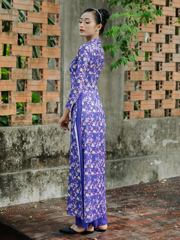 Ao Dai Vietnam Purple Printed Pattern Ao Dai Set Includes One Ao Dai Top And Pants