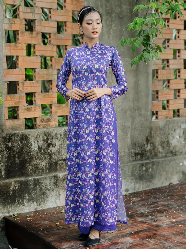 Ao Dai Vietnam Purple Printed Pattern Ao Dai Set Includes One Ao Dai Top And Pants