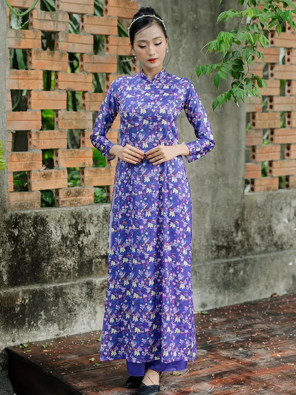 Ao Dai Vietnam Purple Printed Pattern Ao Dai Set Includes One Ao Dai Top And Pants