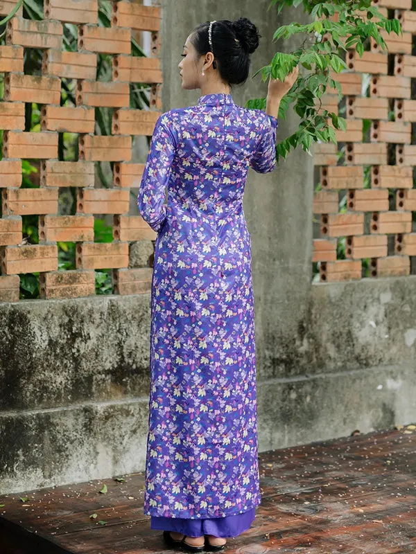 Ao Dai Vietnam Purple Printed Pattern Ao Dai Set Includes One Ao Dai Top And Pants