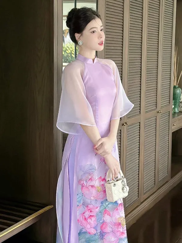 Ao Dai Vietnam Purple Sparkle Lotus Includes One Ao Dai Top And Pants