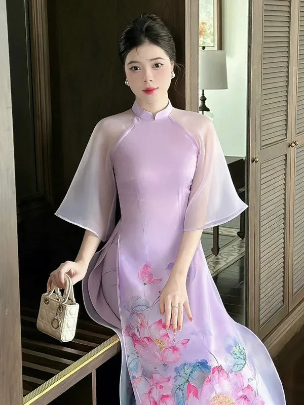 Ao Dai Vietnam Purple Sparkle Lotus Includes One Ao Dai Top And Pants