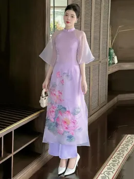 Ao Dai Vietnam Purple Sparkle Lotus Includes One Ao Dai Top And Pants