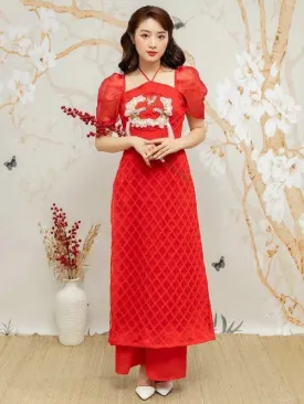 Ao Dai Vietnam Red Sparkle Feather Puffy Sleeves Include Ao Dai Top And Pants