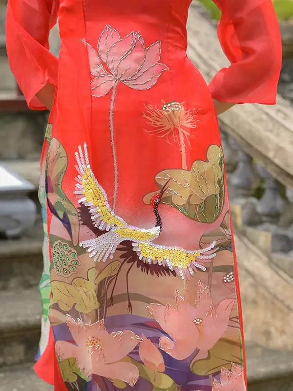 Ao Dai Vietnam Red Sparkle Lotus & Crane Includes One Ao Dai Top And Pants