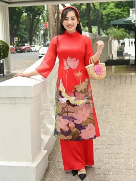 Ao Dai Vietnam Red Sparkle Lotus & Crane Includes One Ao Dai Top And Pants