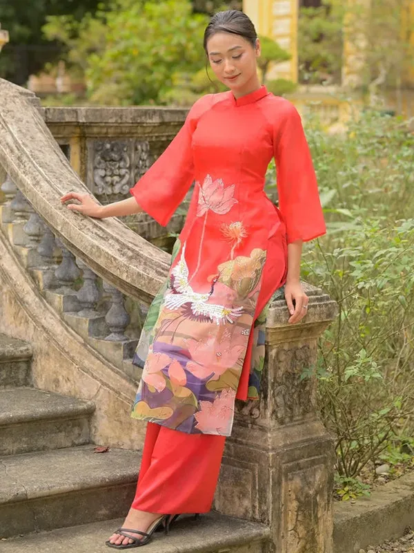 Ao Dai Vietnam Red Sparkle Lotus & Crane Includes One Ao Dai Top And Pants