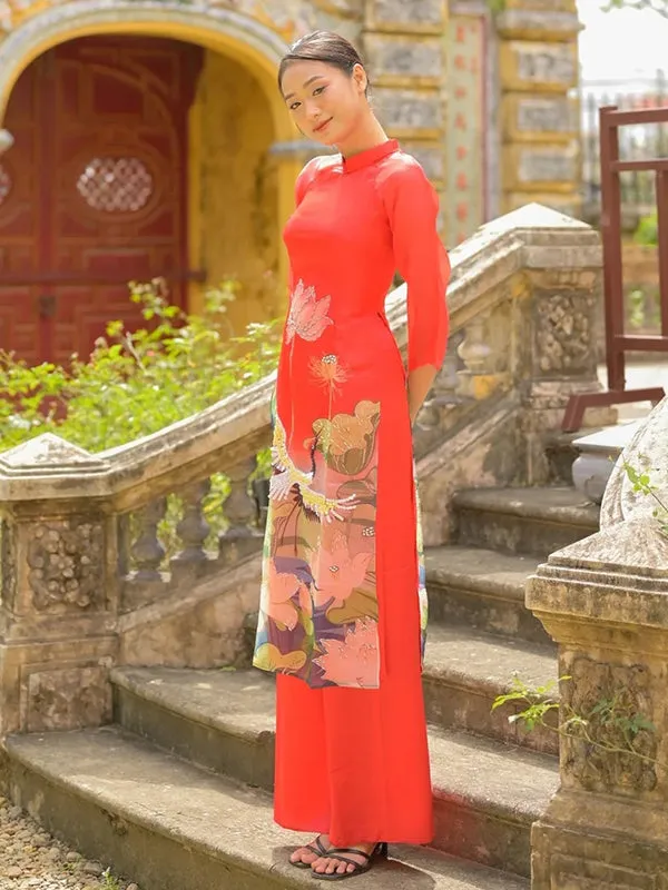 Ao Dai Vietnam Red Sparkle Lotus & Crane Includes One Ao Dai Top And Pants