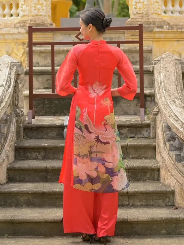 Ao Dai Vietnam Red Sparkle Lotus & Crane Includes One Ao Dai Top And Pants