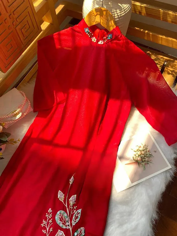 Ao Dai Vietnam Red Sparkle Peony Include Ao Dai Top And Pants