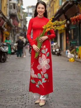 Ao Dai Vietnam Red Sparkle Peony Include Ao Dai Top And Pants