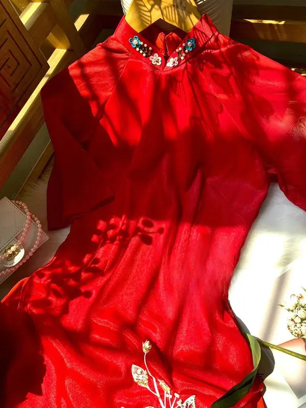 Ao Dai Vietnam Red Sparkle Peony Include Ao Dai Top And Pants