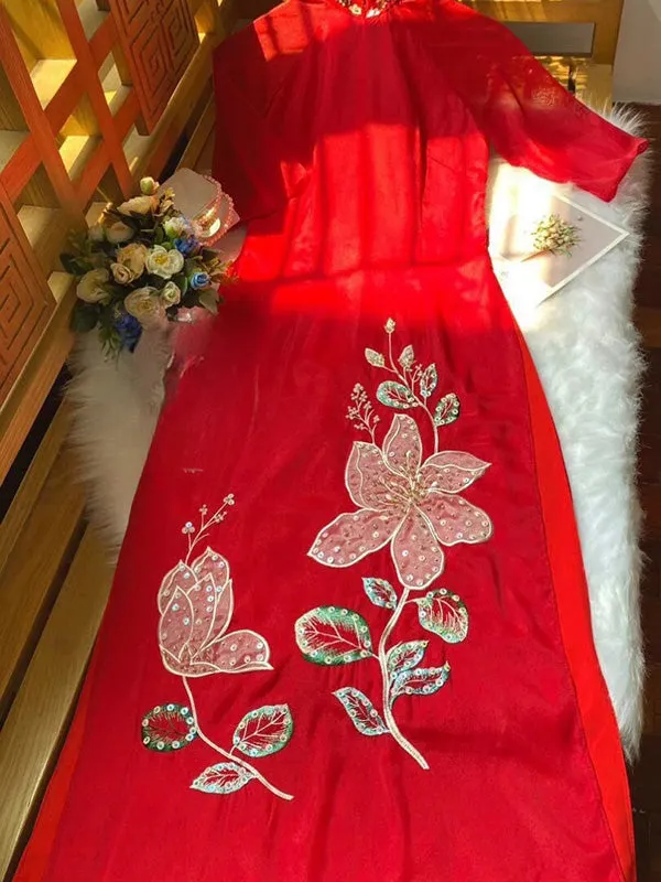 Ao Dai Vietnam Red Sparkle Peony Include Ao Dai Top And Pants