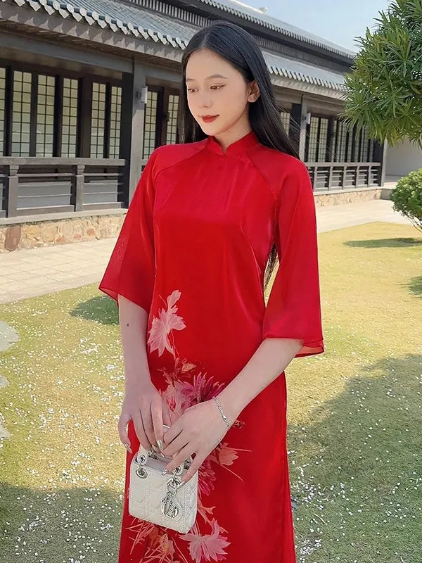 Ao Dai Vietnam Red Spring Printed Chiffon Includes One Ao Dai Top And Pants