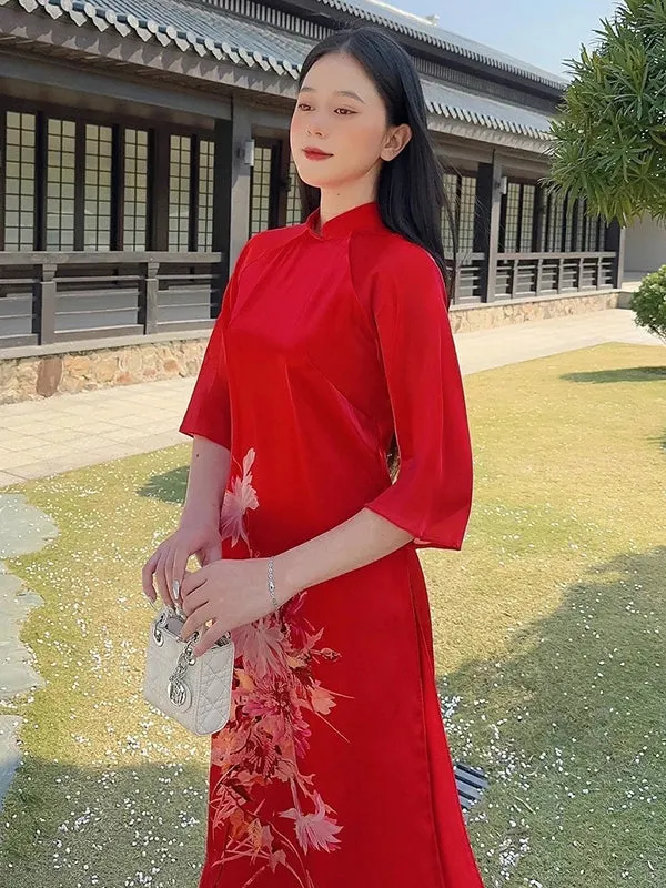 Ao Dai Vietnam Red Spring Printed Chiffon Includes One Ao Dai Top And Pants