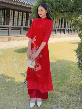 Ao Dai Vietnam Red Spring Printed Chiffon Includes One Ao Dai Top And Pants