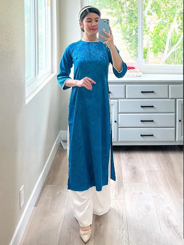 Ao Dai Vietnam Shifted Blue Gam Pearl Ao Dai Top Only NO PANTS