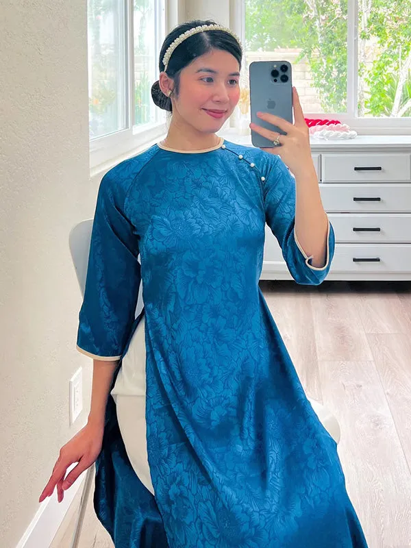 Ao Dai Vietnam Shifted Blue Gam Pearl Ao Dai Top Only NO PANTS