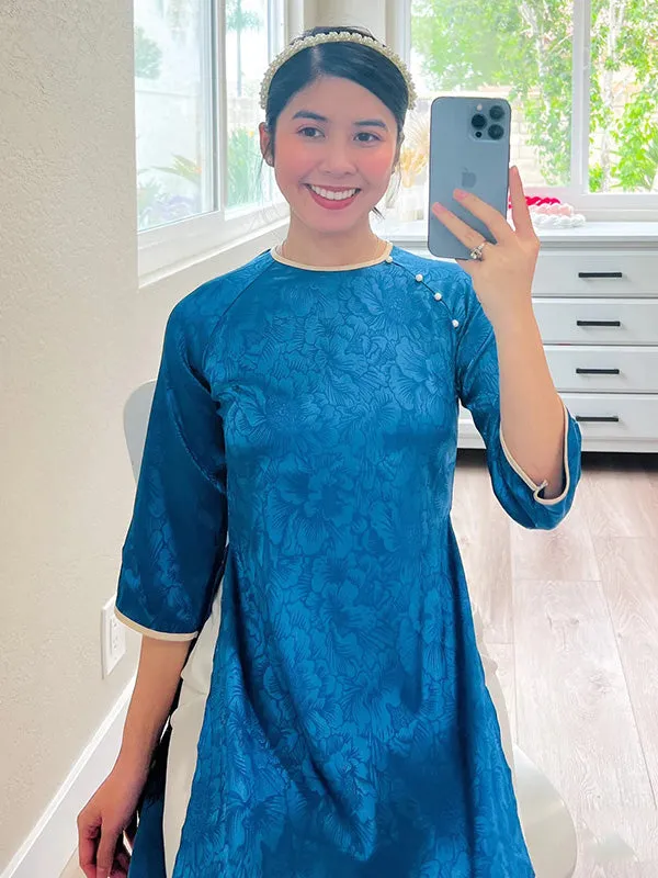 Ao Dai Vietnam Shifted Blue Gam Pearl Ao Dai Top Only NO PANTS