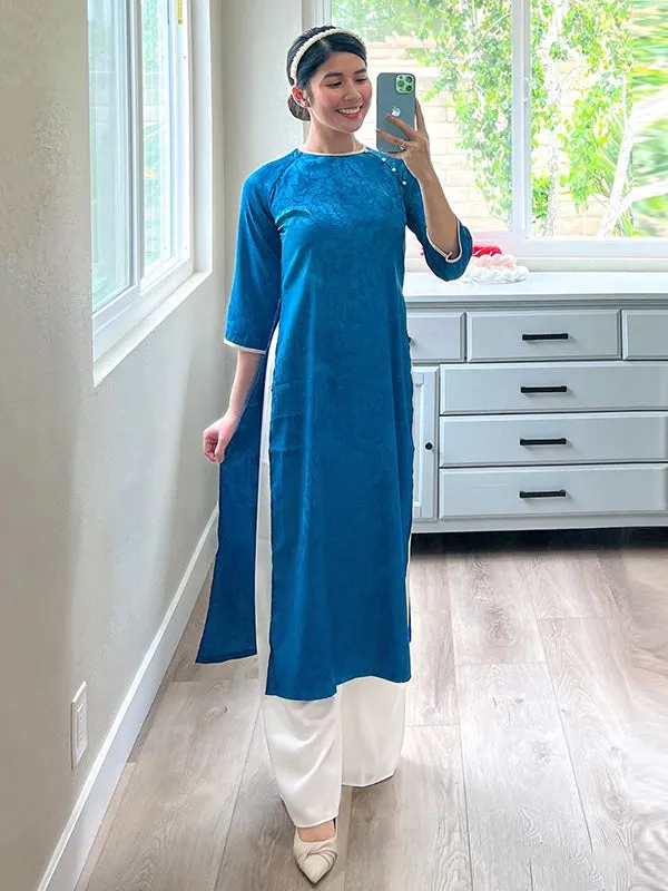 Ao Dai Vietnam Shifted Blue Gam Pearl Ao Dai Top Only NO PANTS