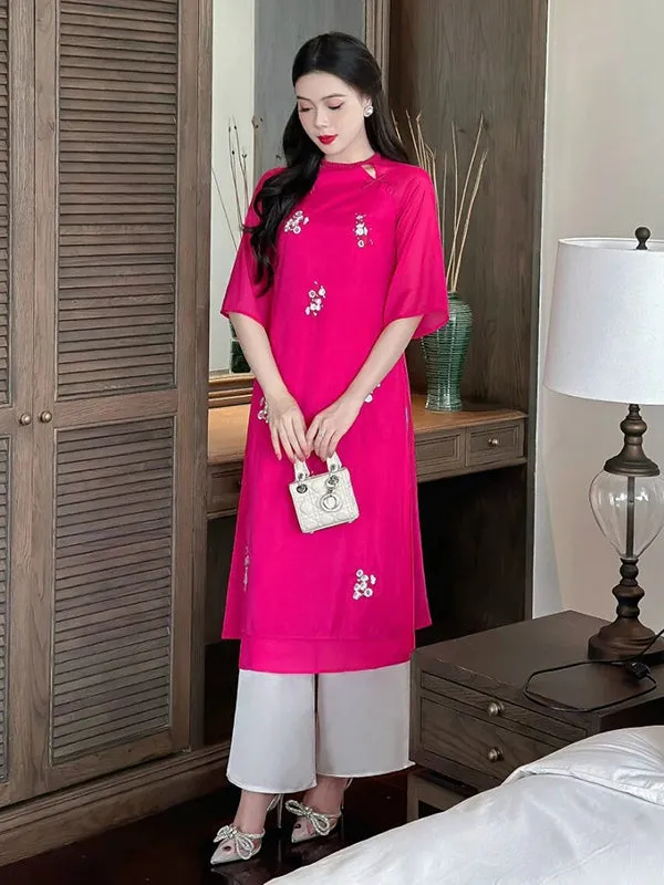 Ao Dai Vietnam Shifted Hot Pink Braided Neckline Ao Dai Top And Pants