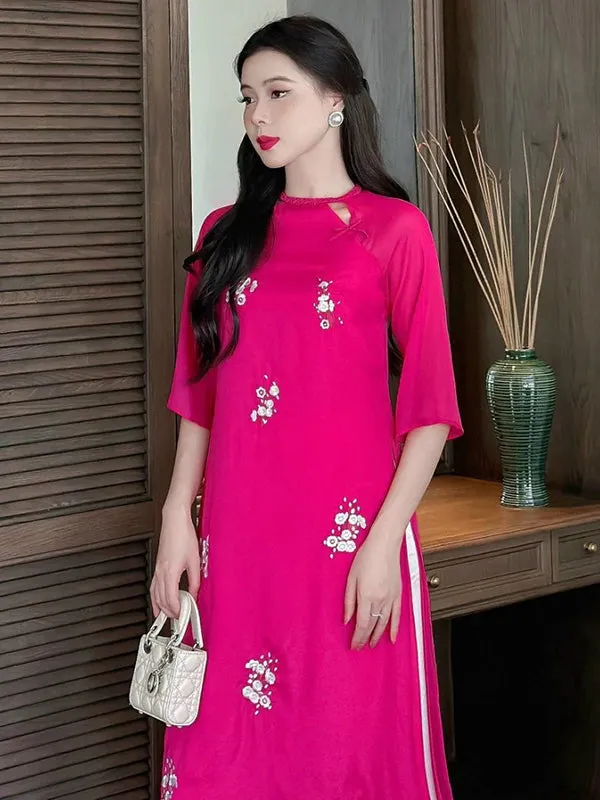 Ao Dai Vietnam Shifted Hot Pink Braided Neckline Ao Dai Top And Pants