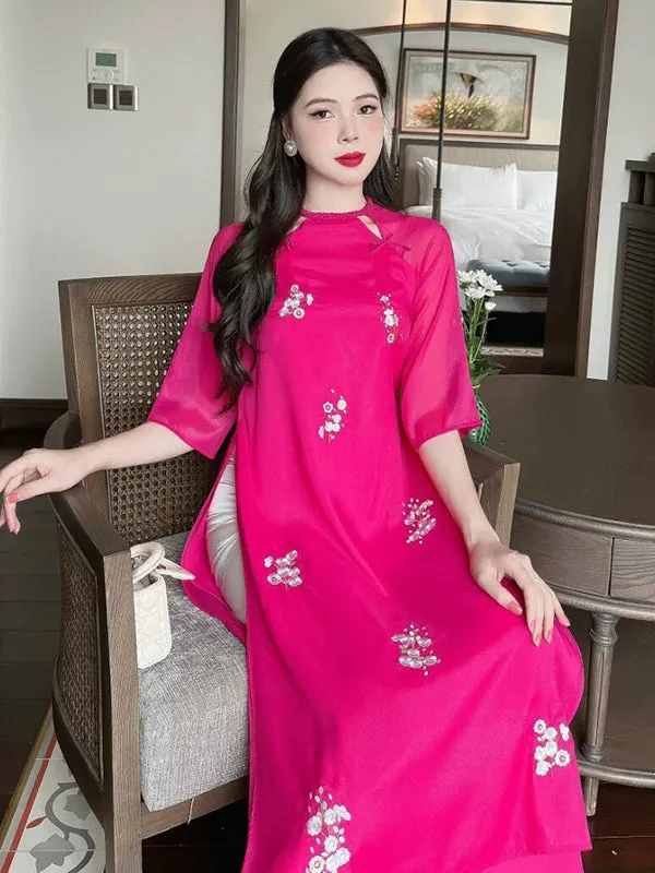 Ao Dai Vietnam Shifted Hot Pink Braided Neckline Ao Dai Top And Pants