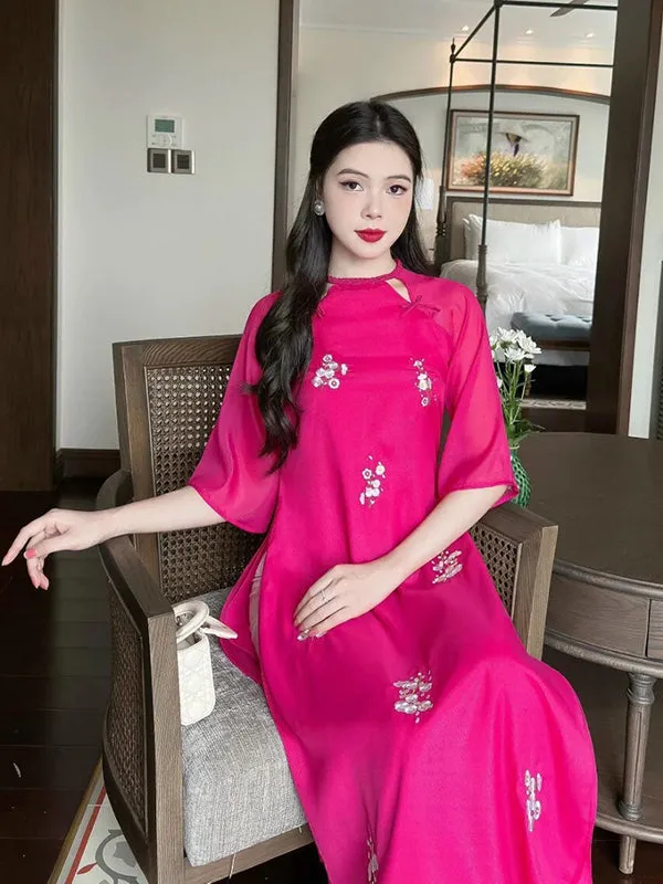 Ao Dai Vietnam Shifted Hot Pink Braided Neckline Ao Dai Top And Pants