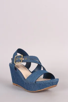 Bamboo Denim Asymmetrical Strappy Platform Wedge