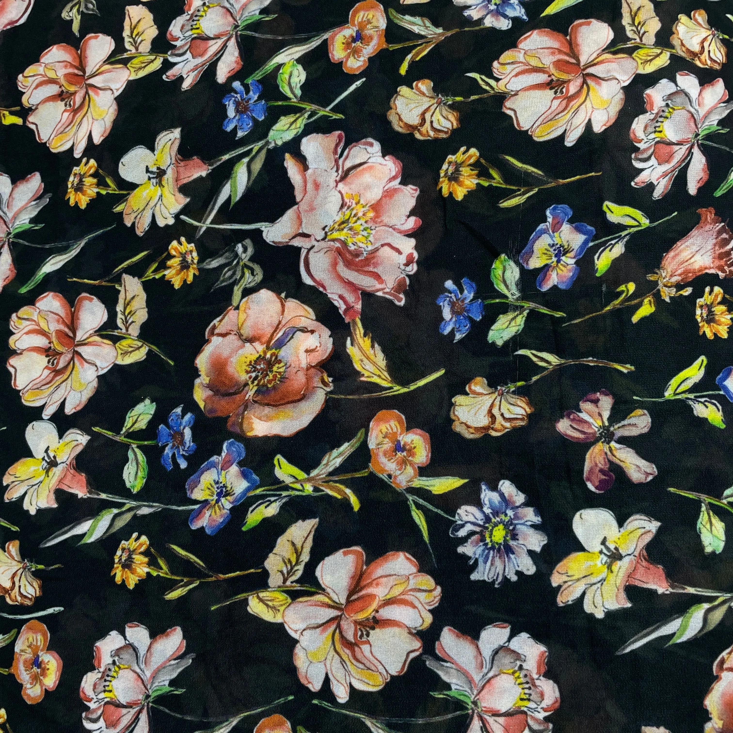 Black With Multicolor Floral Print Georgette Fabric Plain Weave