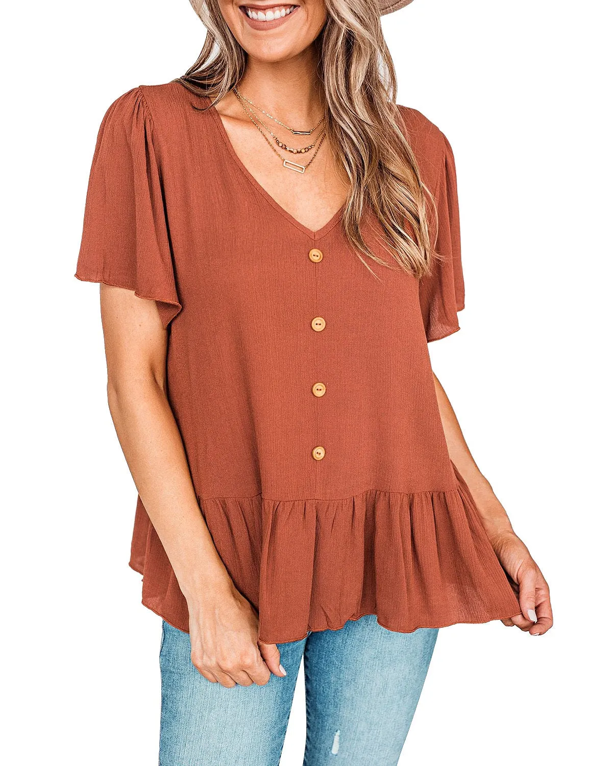 Brown V-Neckline Buttons Loose Peplum Top