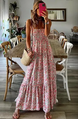 Caribbean Pink Floral Smocked Ruffled Hawaiian Maxi Dress