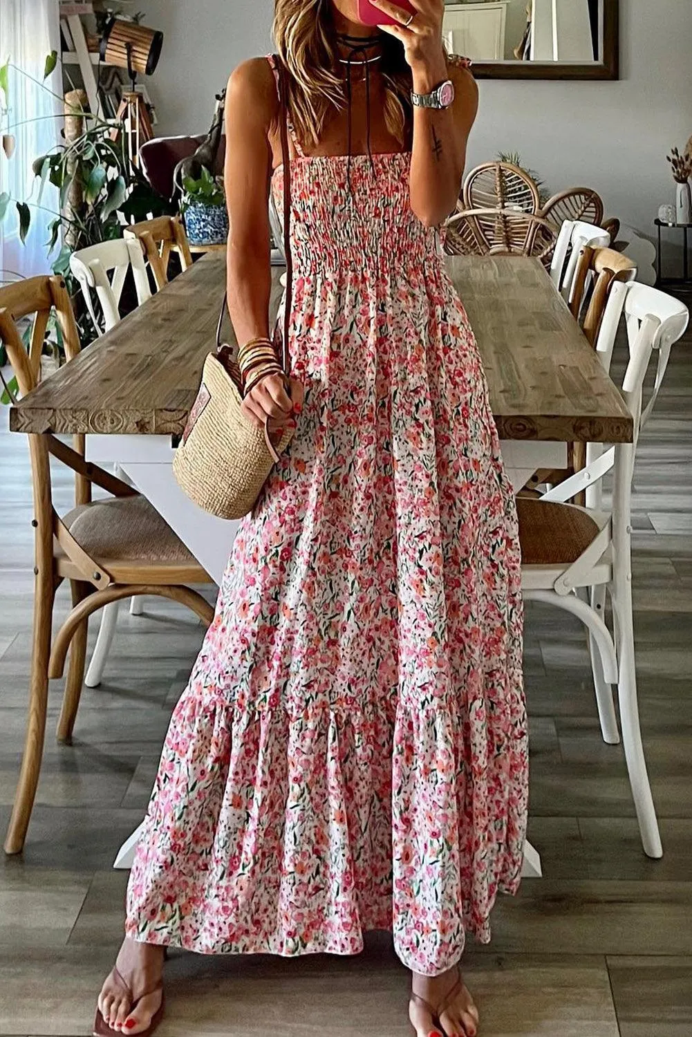 Caribbean Pink Floral Smocked Ruffled Hawaiian Maxi Dress