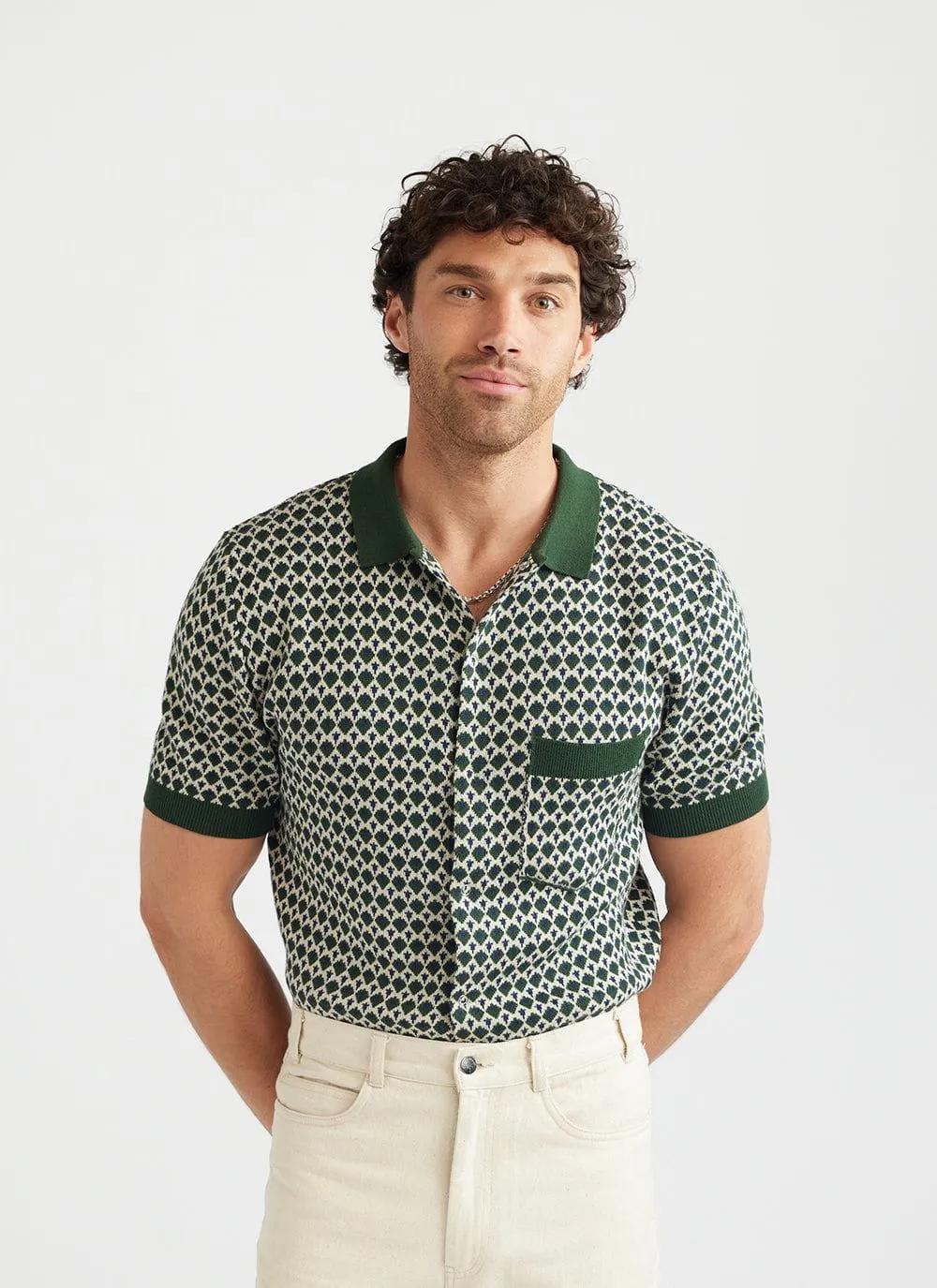 Casa Piccante Shirt | Knitted Cotton | Green Jacquard