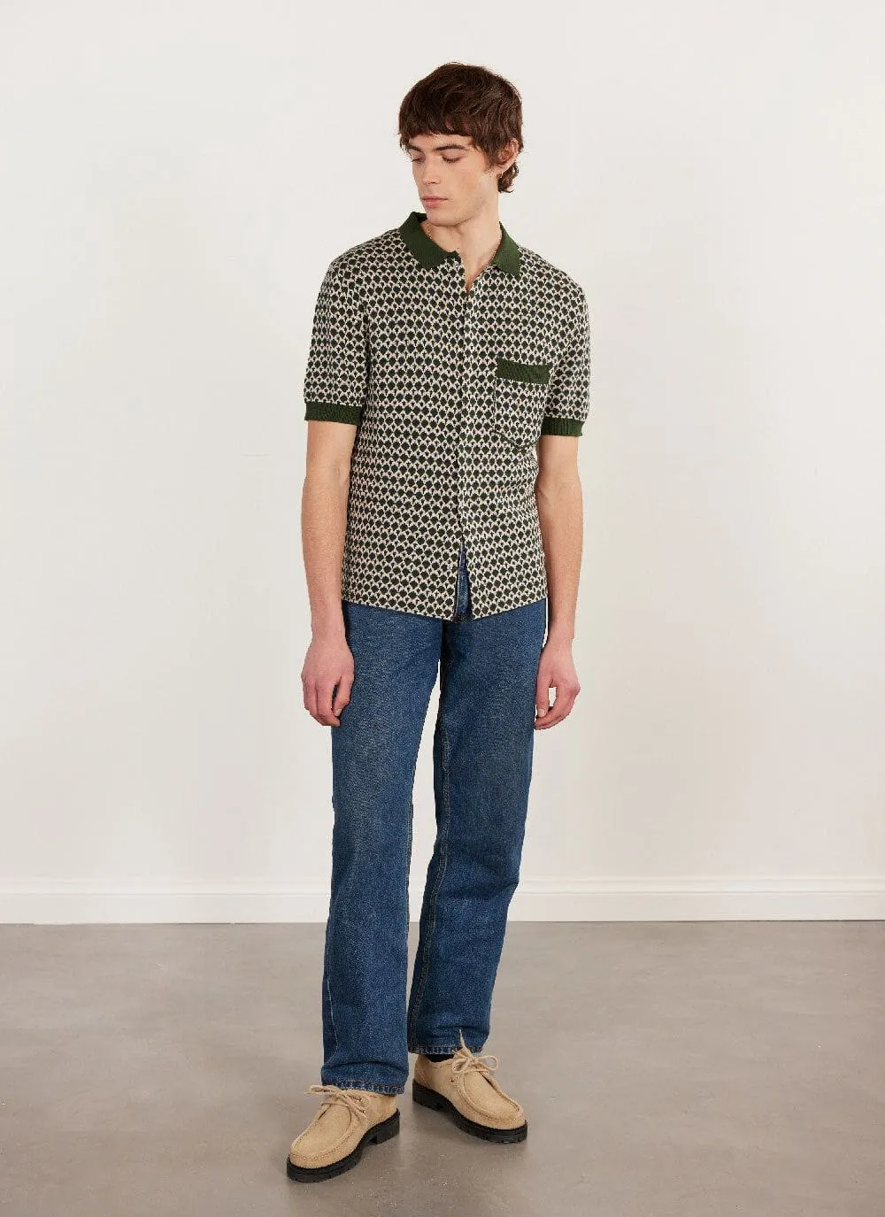 Casa Piccante Shirt | Knitted Cotton | Green Jacquard