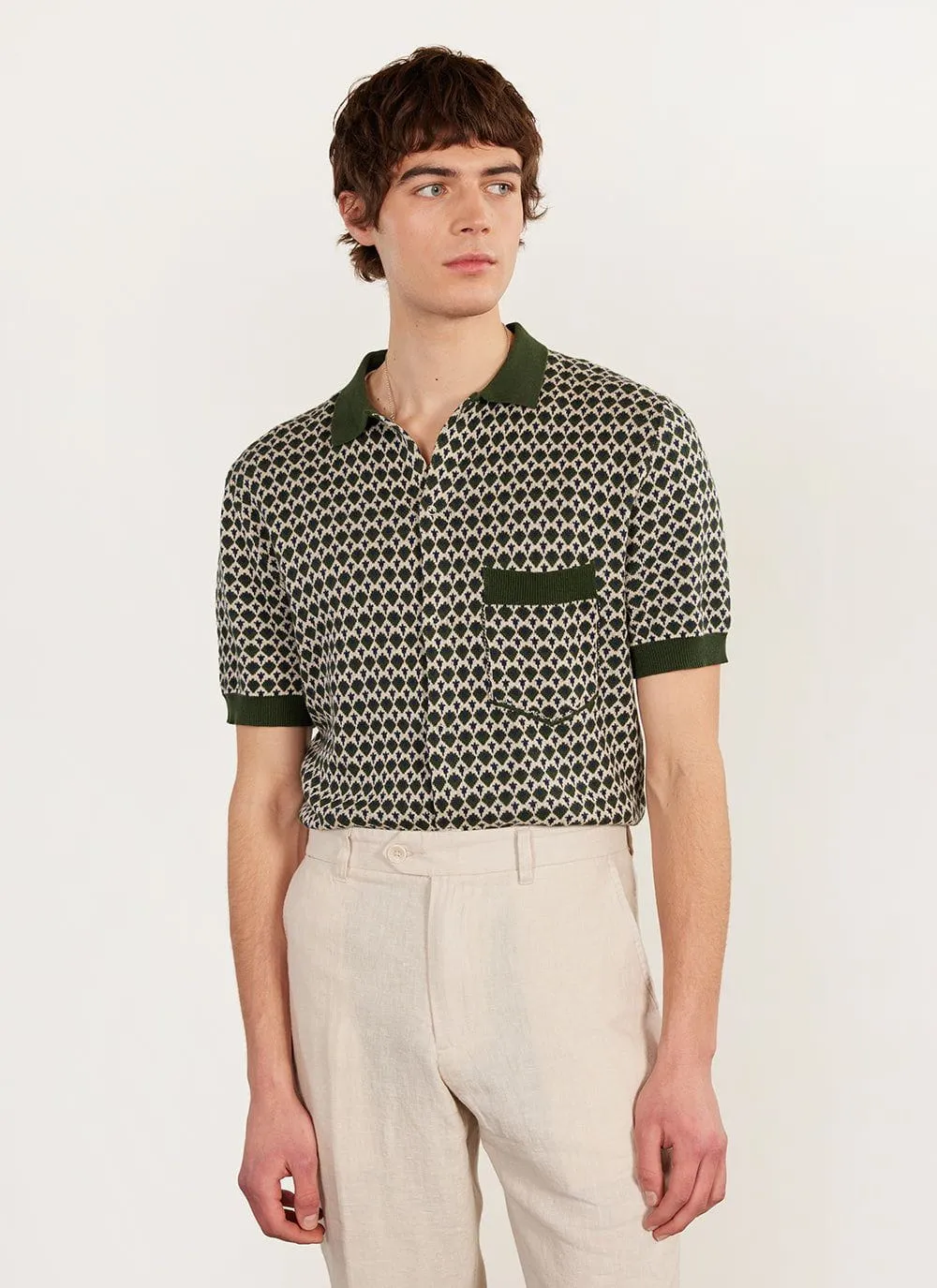 Casa Piccante Shirt | Knitted Cotton | Green Jacquard