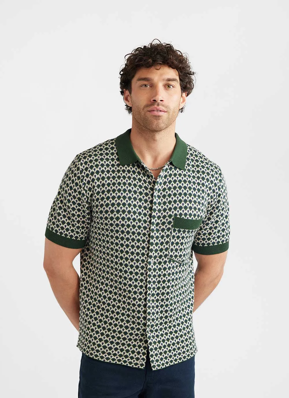 Casa Piccante Shirt | Knitted Cotton | Green Jacquard