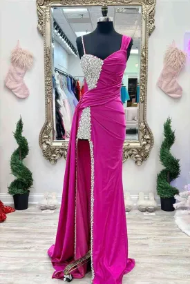 Chic Asymmetrical Fuchsia Beaded Long Prom Dress,Green Dinner Dresses