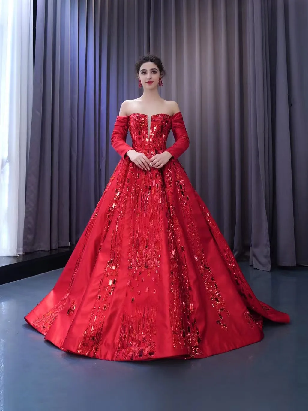 Chic Gorgeous Red Ball Gown Formal Gown Long Sleeve Prom Dress Elegant Evening Dress #RSM231061