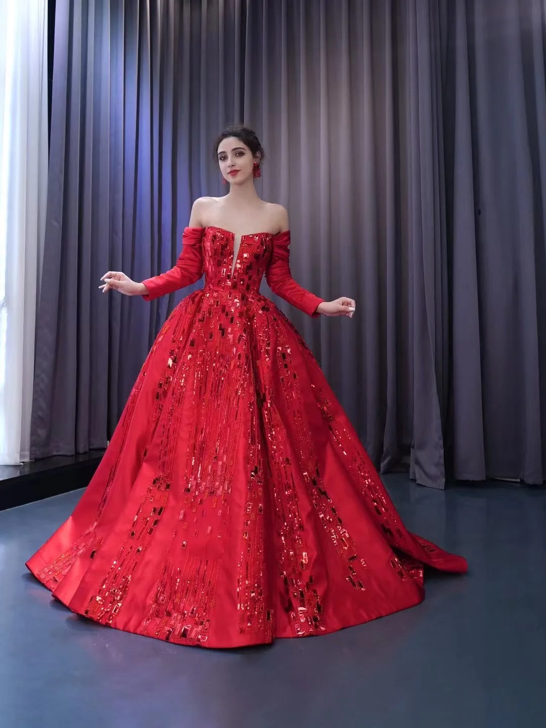 Chic Gorgeous Red Ball Gown Formal Gown Long Sleeve Prom Dress Elegant Evening Dress #RSM231061