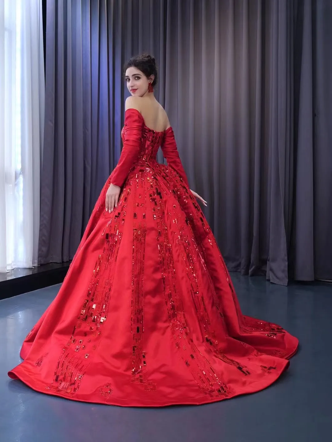 Chic Gorgeous Red Ball Gown Formal Gown Long Sleeve Prom Dress Elegant Evening Dress #RSM231061