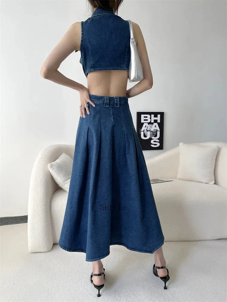 Denim Maxi Dress with Hollow Out Detail