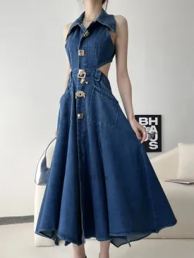 Denim Maxi Dress with Hollow Out Detail