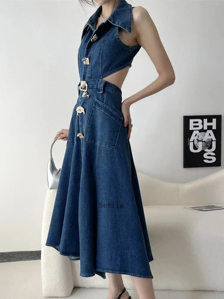 Denim Maxi Dress with Hollow Out Detail