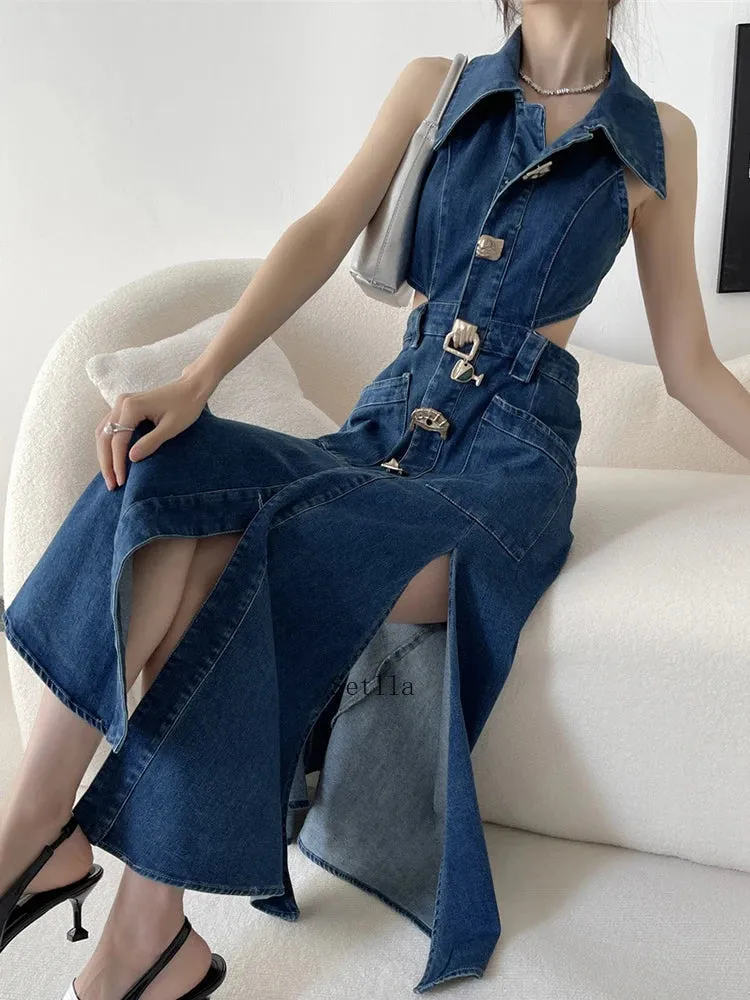 Denim Maxi Dress with Hollow Out Detail