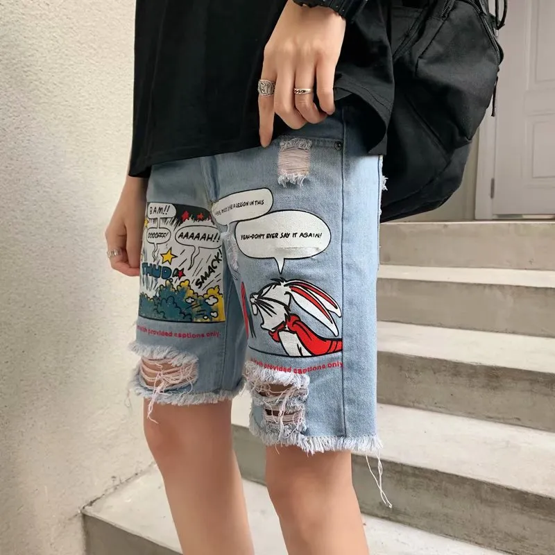 Denim Shorts Men's Summer Trendy Hong Kong Style Loose Straight Men's Short Pants Ripped Denim Middle Pants Simple Men's Fashion